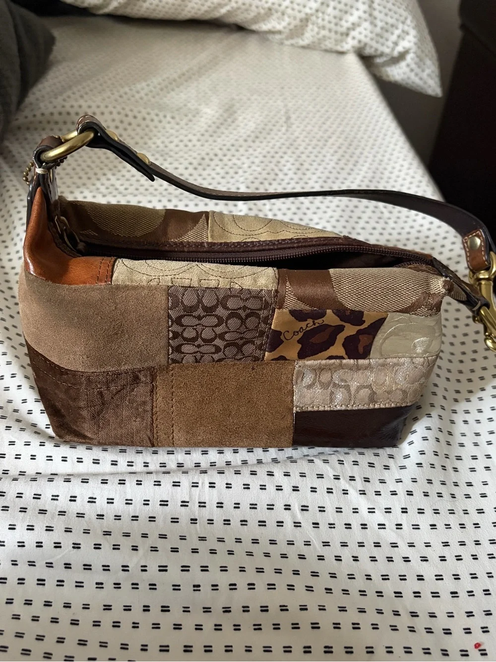 Coach Patchwork Suede & Signature Jacquard Wristlet in Brown Tones
